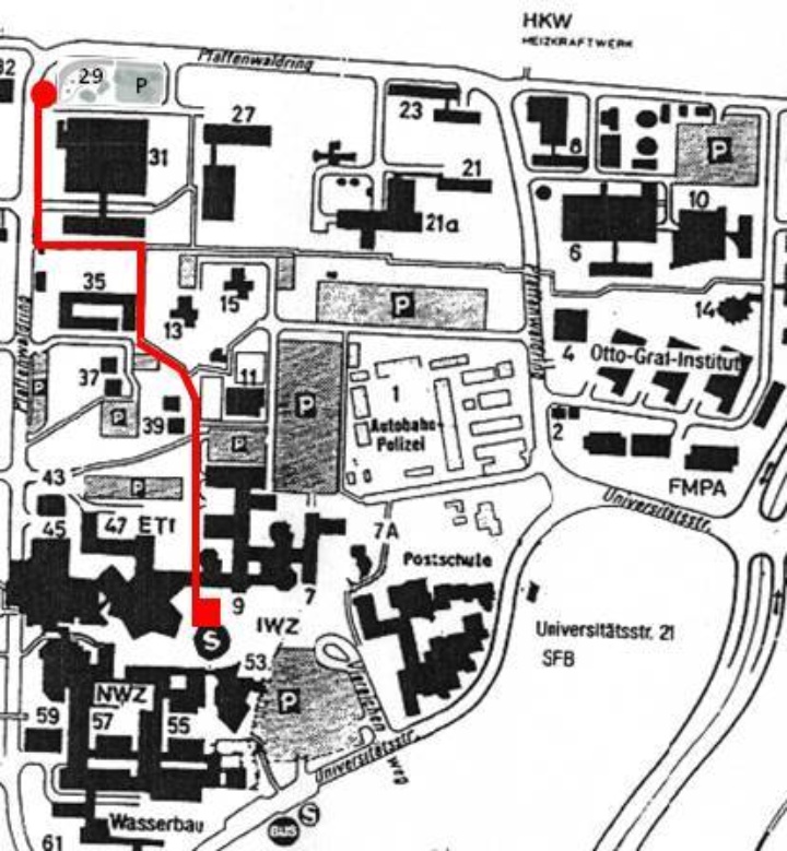 Eine Karte, welche des Fußweg von der S-Bahn-Station "Universität" zum Ziel Pfaffenwaldring 29 zeigt